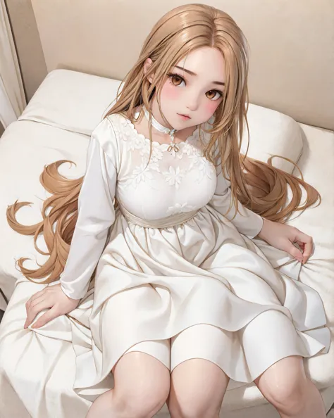 cute girl with pale white skin and brown eyes is lying on bed wearing pretty dress., huge breasts, big , long white hair, (매우 bi...