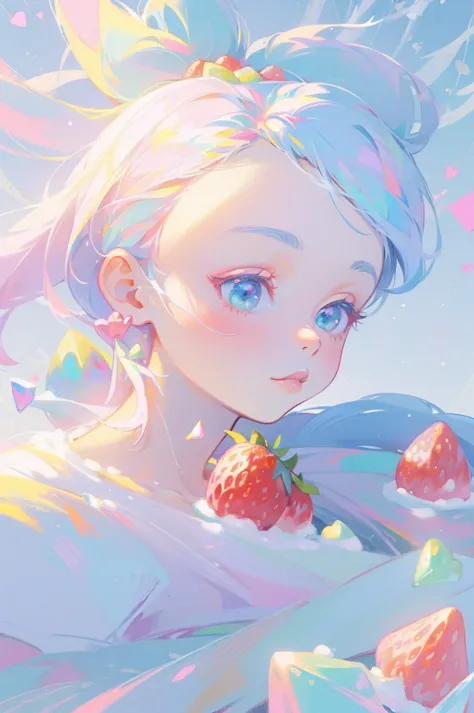 (pastel:1.2)、、high ponytail_fusion with strawberry、barefoot、free、bright colors、(the background is a strawberry motif_crystal of ...