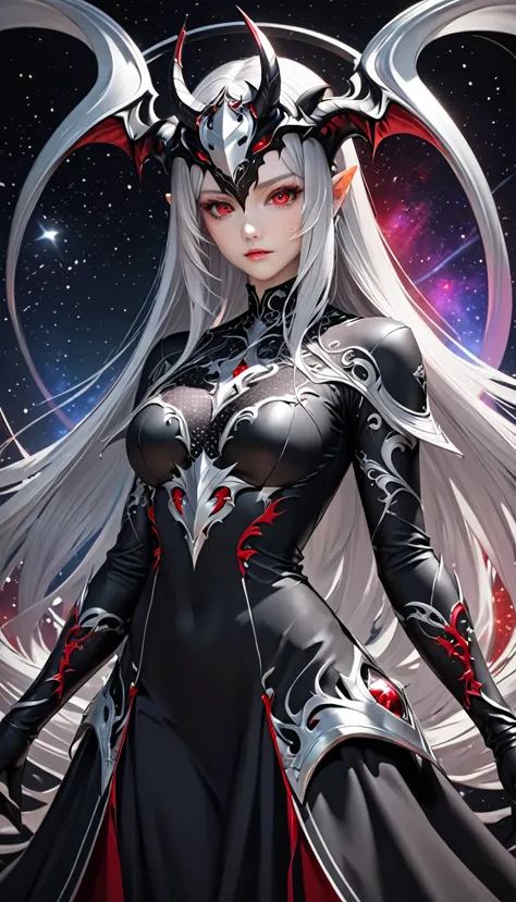 female demon with a black base, a silver mask with red eyes that covers the entire head, a beautiful form, long straight silver ...