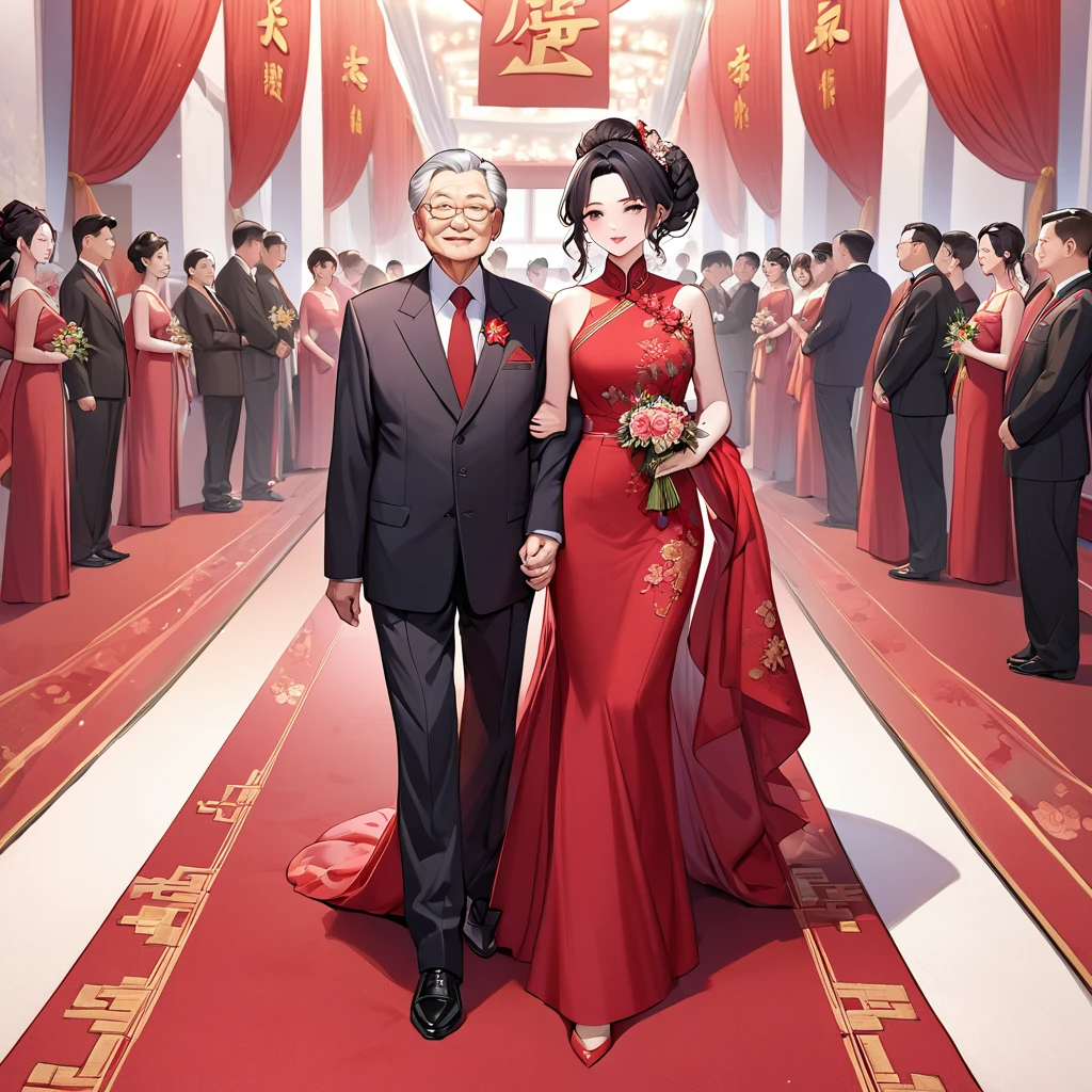 ((Highest quality)), ((masterpiece)), (detailed), （Perfect Face）、The woman is a Chinese woman named Kocho Shinobu.。, Purple gradient bob black hair and formal evening hairstyles. She is wearing an engagement ring. She is a prominent member of the Chinese Communist Party.、She is the wife of a great old Communist Party official.、The woman is beautifully dressed in a gorgeous and glamorous red wedding dress typical of the Chinese Communist Party.、She walked side by side with a dignified elderly Communist Party official down the red carpet aisle in a loving wedding ceremony.。A loving Chinese Communist couple