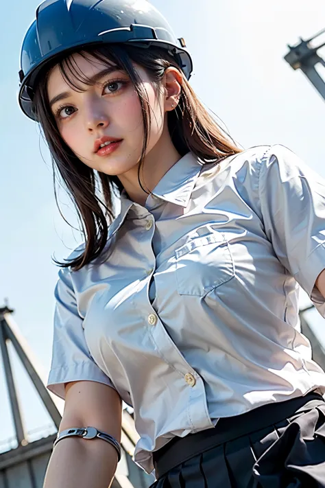 masterpiece, bokeh, (beautiful face), (detailed face), (japanese idle), (white work shirt:1.3), (dark blue pleated skirt:1.3), (...