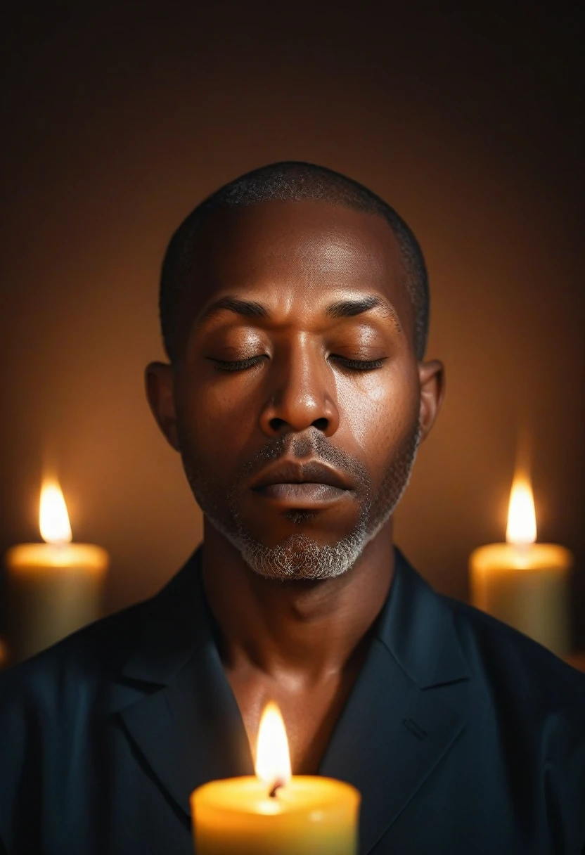 A serene African American man, eyes closed, meditates in perfect lotus position. Dozens of flickering candles surround him, their warm glow illuminating his peaceful expression against the velvety darkness. Hyper-realistic details capture every bead of sweat, wrinkle, and flame reflection.