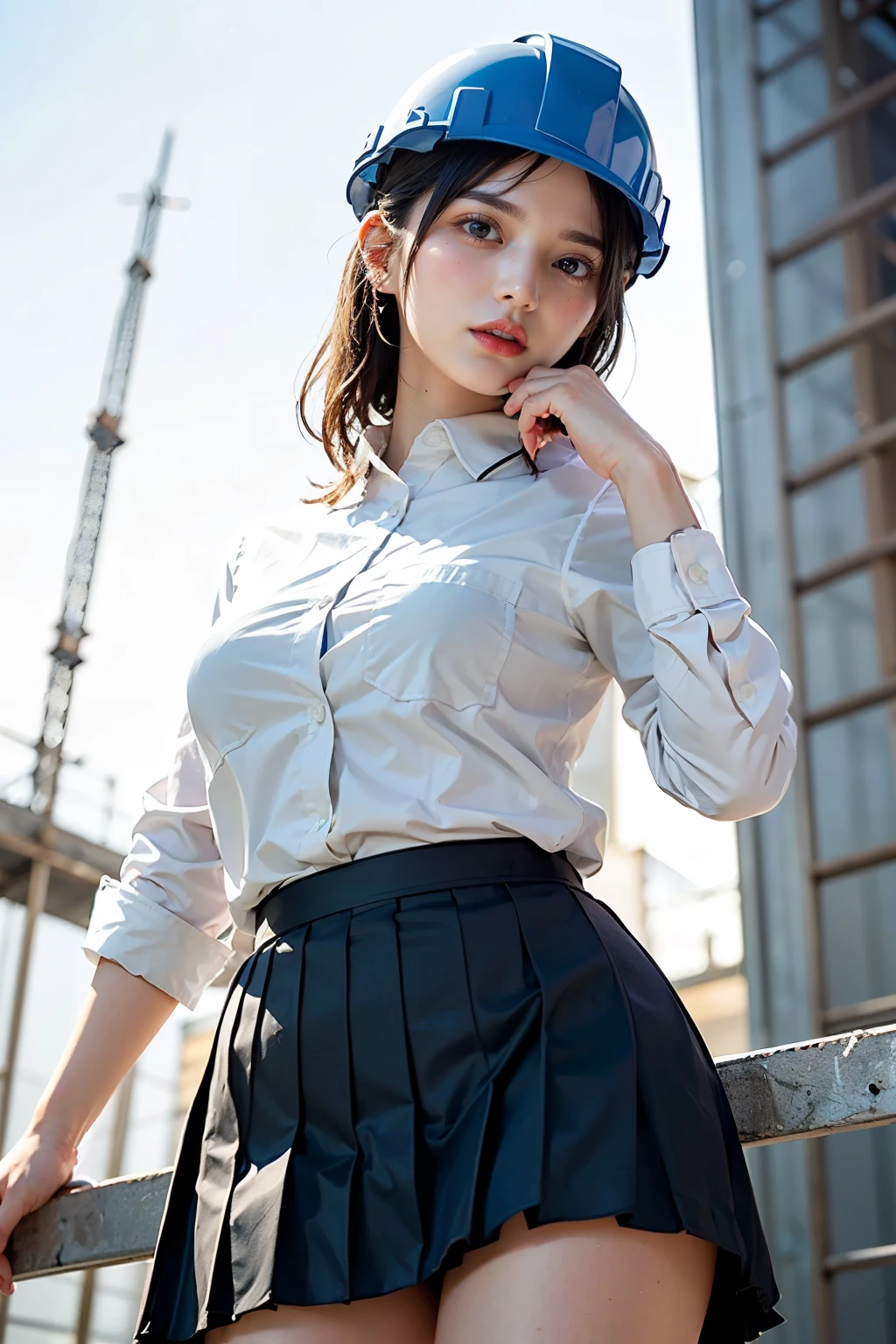 Masterpiece, bokeh, (Beautiful face), (Detailed face), (Japanese idle), (White work shirt:1.3), (Dark blue Pleated skirt:1.3), (Blushed face:1.3), (Plump breast:1.2), (Dynamic pose on Steel bridge in construction site:1.5), (Yellow helmet:1.2), (From below:1.5), (solo play:1.3)