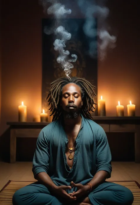 full-body portrait of shawt, a serene black man with dreadlocks, meditating in lotus position. surrounded by flickering candles ...