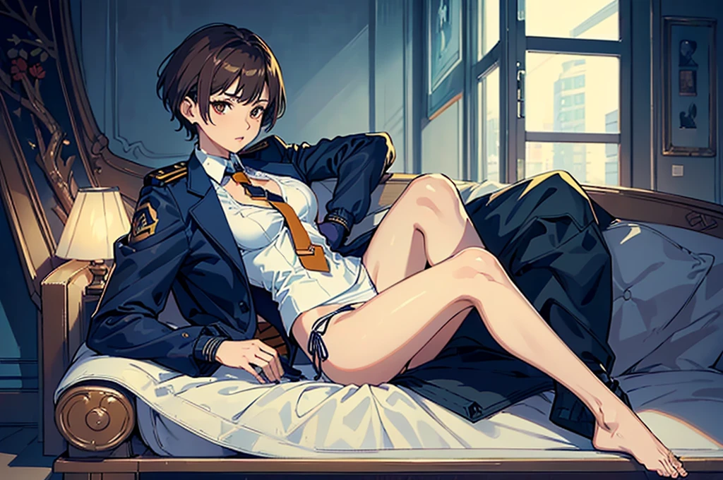 masterpiece,(Perfect Anatomy:1.5), highest quality, a lady , slender, leggy, Seductive, short hair, brown hair, (wear a white long sleeved shirt, tie, navy officer winter jacket:1.5), white bikini panties , barefoot, Perfect hands, Perfect body, reclining, lying on a sofa, leg up , shirt lift, looking away, ((Exquisite detail)), Very finely crafted fingers(((10 fingers))), (full body showcase), (Show your whole body), (no background), (No logo) , high resolution, parted lips