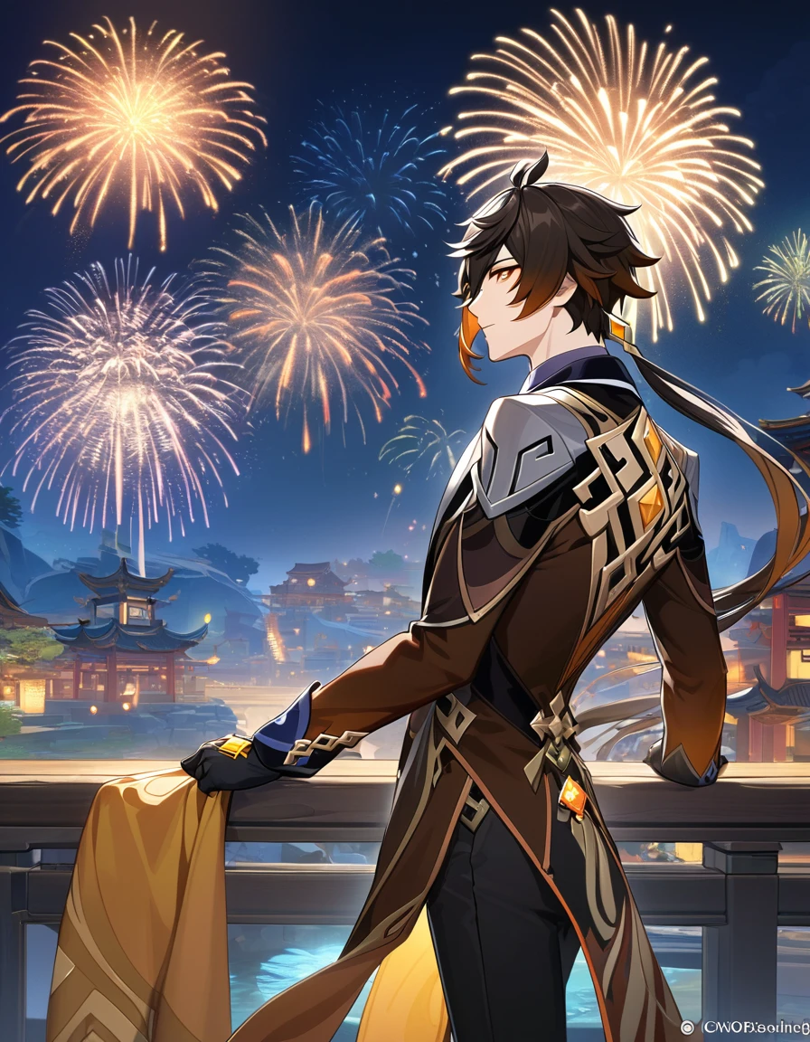 Zhongli (genshin impact), Looking Left, Protruding from the right side of the screen, Fireworks, night, detailed background, formal suit, masterpiece, intricate details, high resolution, perfect anatomy, detailed face, detailed eyes, formal dress, 