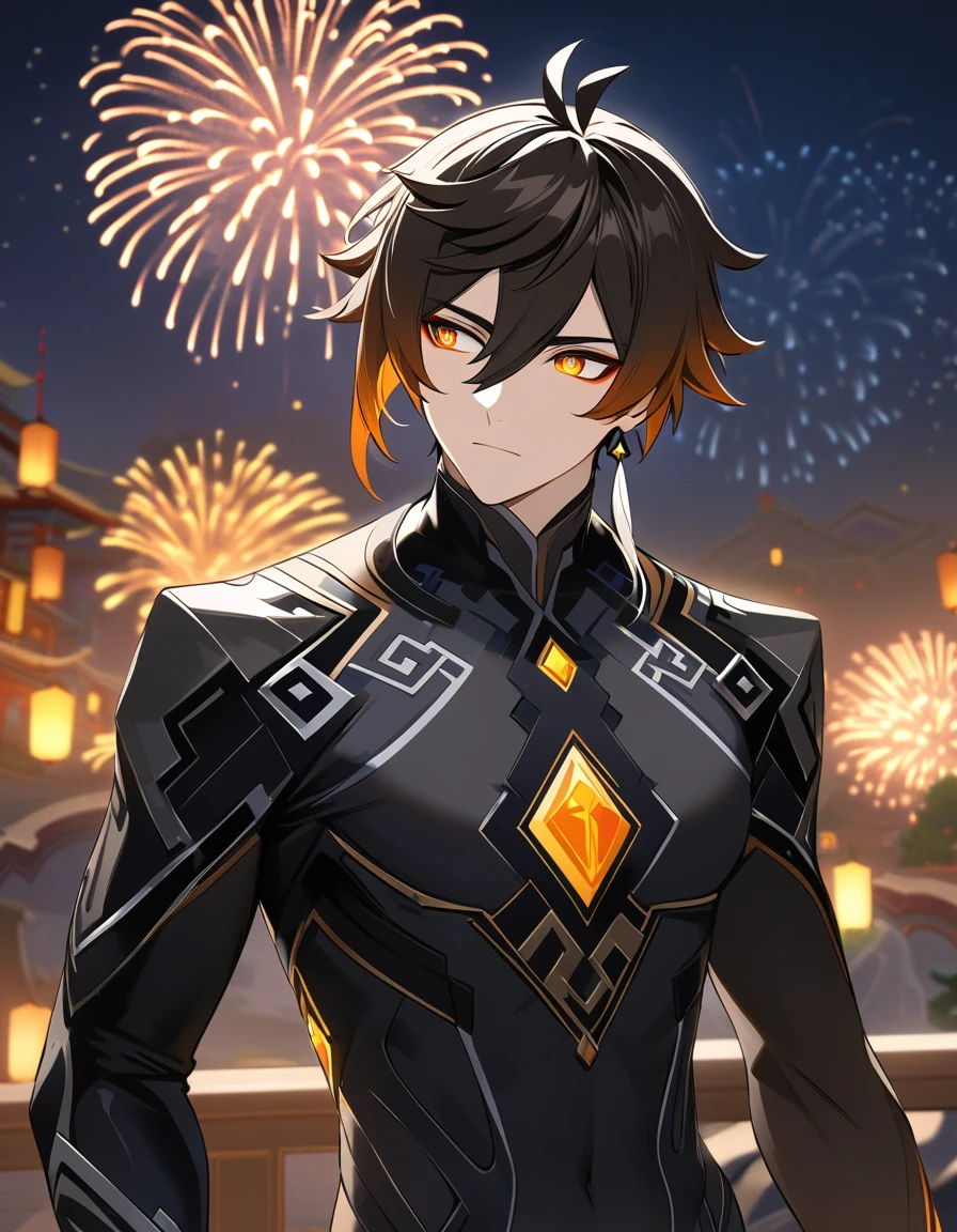 Zhongli (genshin impact), Looking Left, Protruding from the right side of the screen, Fireworks, night, detailed background, smoquin suit, masterpiece, intricate details, high resolution, perfect anatomy, detailed face, detailed eyes, smoquin dress, 