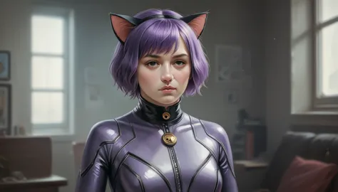 score_9, score_8_up, score_7_up, source_photo, realistic, nsfw, bodysuit, cat ears, purple hair, short hair,