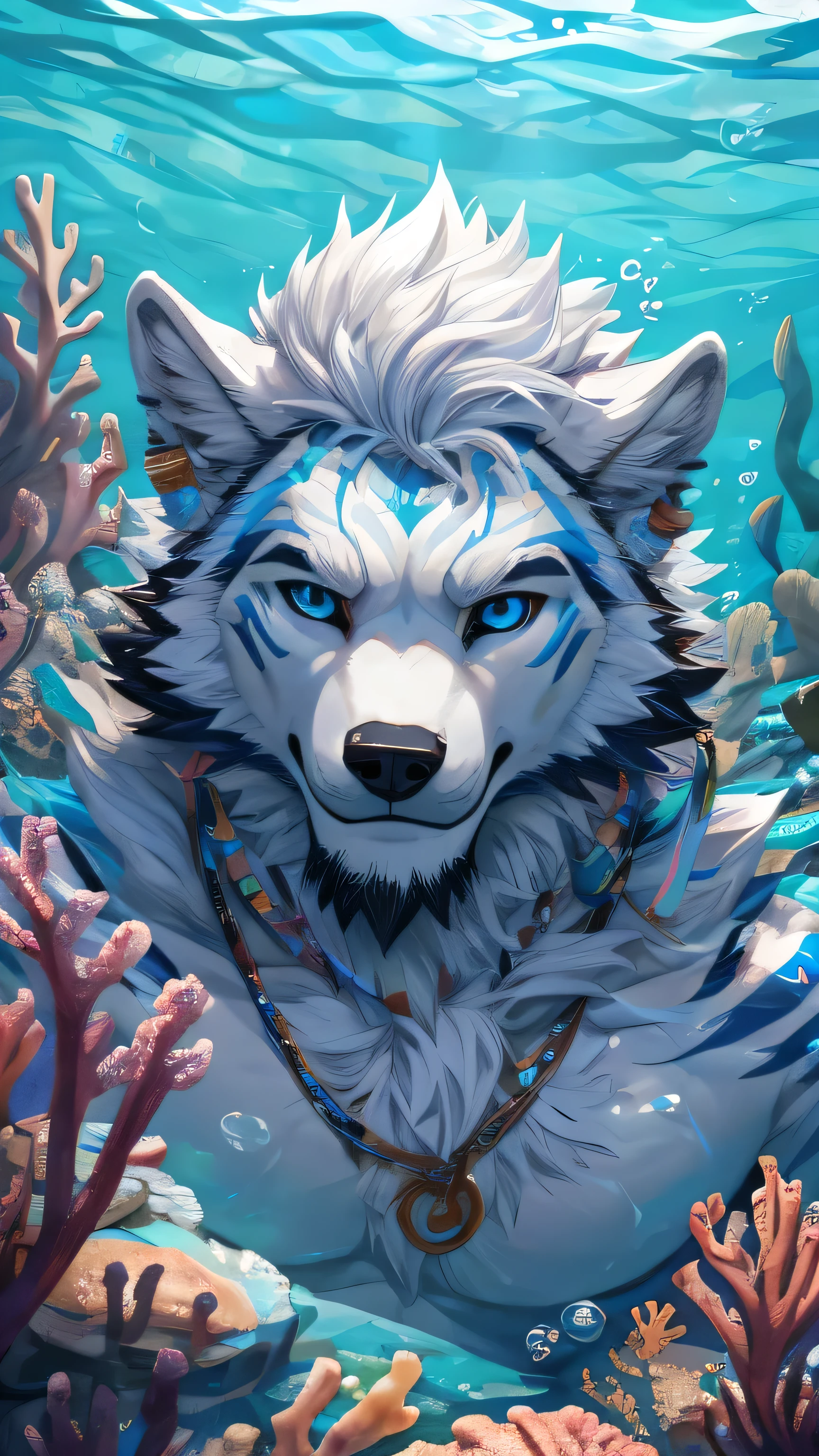 masterpiece, best quality, 8K resolution, Very detailed, hairy，Blue eyes, White hair, short hair, Water Element, Seabed background, White Wolf, White skin, White Stripes, White bracelet, coral,bubble, Gold earrings