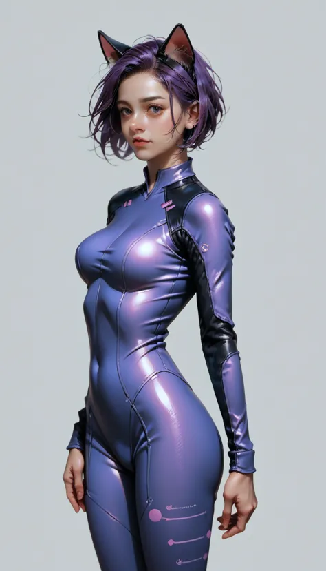 score_9, score_8_up, score_7_up, source_photo, realistic, nsfw, bodysuit, cat ears, purple hair, short hair, the first descendan...