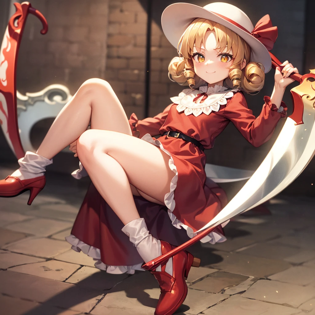 a drawing of an anime character in a red dress and boots with a large scythe, ((high end)), (UHD picture), (best quality,4k,8k,highres,masterpiece:1.2), top-quality(​masterpiece), top-quality, ultra-detailed, highly detailed texture, intricate details, high quality textures, masterpiece, best quality, perfect quality, perfect anatomy, perfect body, perfect symmetrical face, perfect hands, perfect feet, (two arms:1.2), (two legs:1.2), (five fingers each:1.2), (perfect joint:1.2), perfect joint movement, precise fingers and hands, 1 beautiful girl, 1 girl, alone, solo, , 10 years old, (((loli))), ((childish)), hat, white hat, blonde hair, long hair, parted bangs, drill hair, well-formed face, yellow eyes, maxi dress, red dress, dress, long sleeves, frills, long skirt, simple background, scythe, holding scythe, holding, white socks, smile, cute face, beautiful, holding scythe