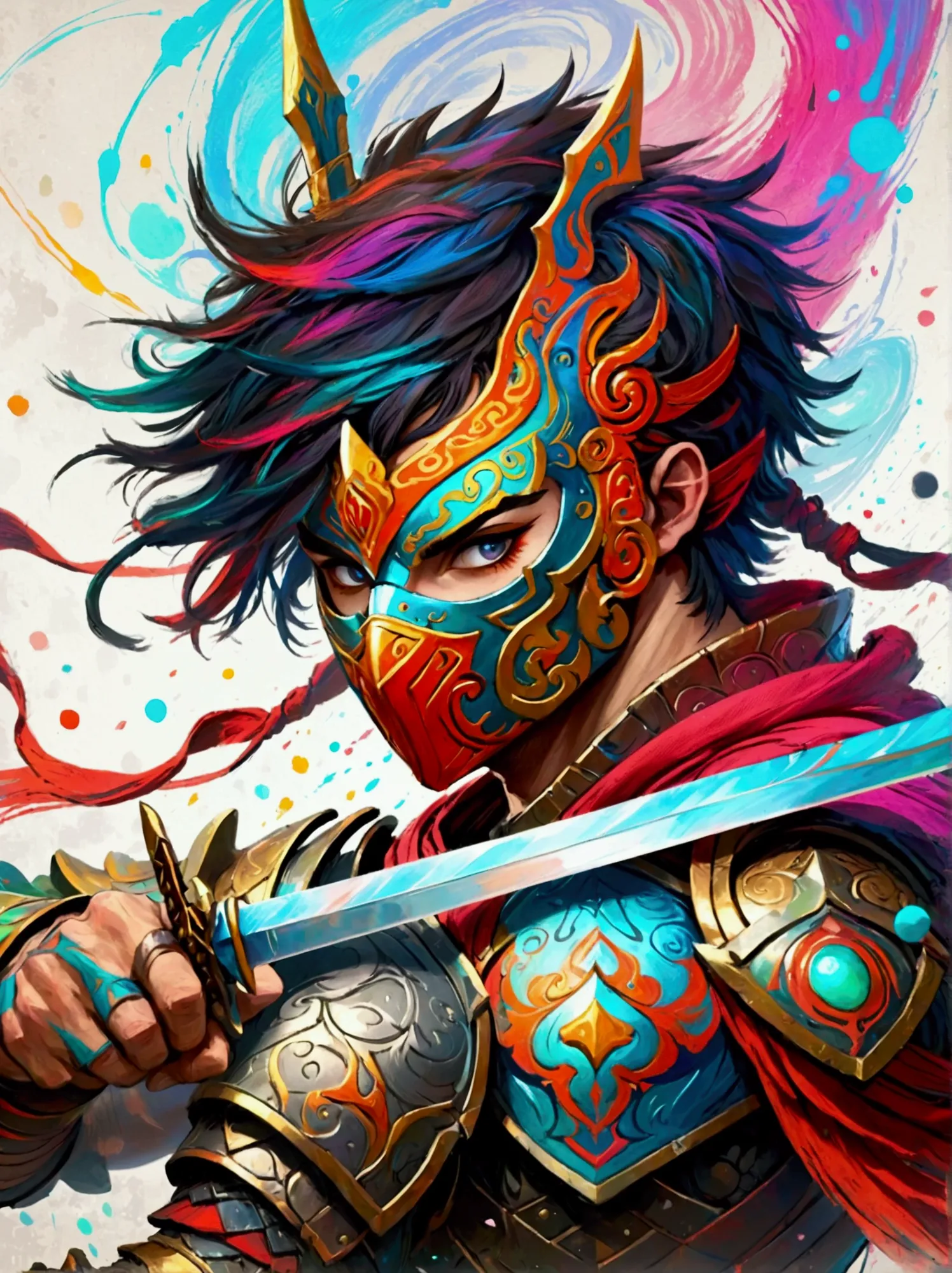 a character reminiscent of a fantasy gameplay warrior with vibrant and bold colors as if drawn with crayons. the warrior exhibit...