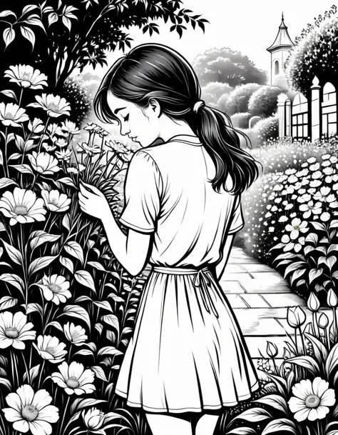 young lady sad and crying in beautiful garden picking flowers, view from behind, black and white, outlines only,  line art, vect...