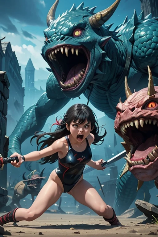 a bit, Warrior Girl, Black high leg swimsuit, sword,armor、Quiet、Scared girl、shout、Convulsing with fear、Girl being attacked by a monster、Girl caught by monster、be killed、There are a lot of monsters in the background、Girl surrounded by monsters、Solo