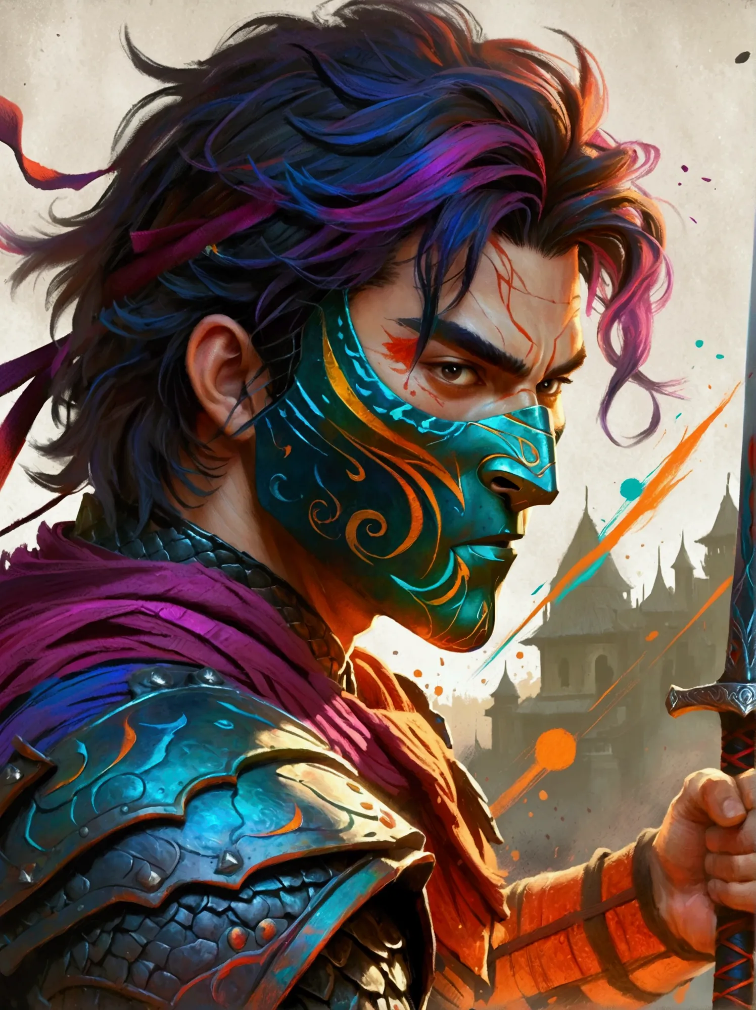 a character reminiscent of a fantasy gameplay warrior with vibrant and bold colors as if drawn with crayons. the warrior exhibit...