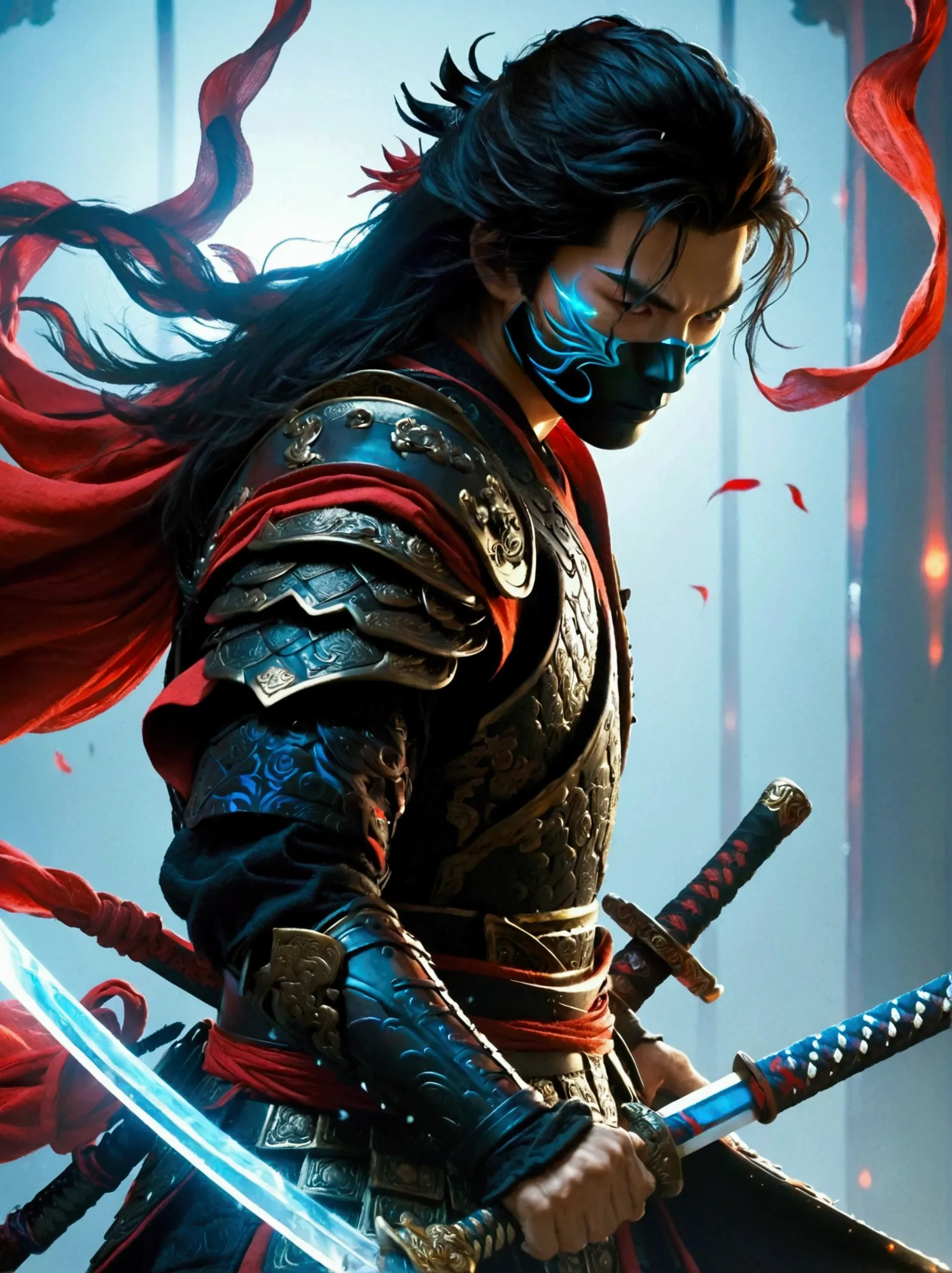 a warrior with a sleek samurai-like appearance, adorned with armor which sports a red and black color scheme, wielding a two-han...