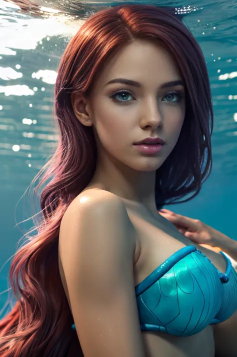 realistic mermaid, 1 woman, red hair, long hair, underwater, swimming, big natural breasts, detailed facial features, detailed e...