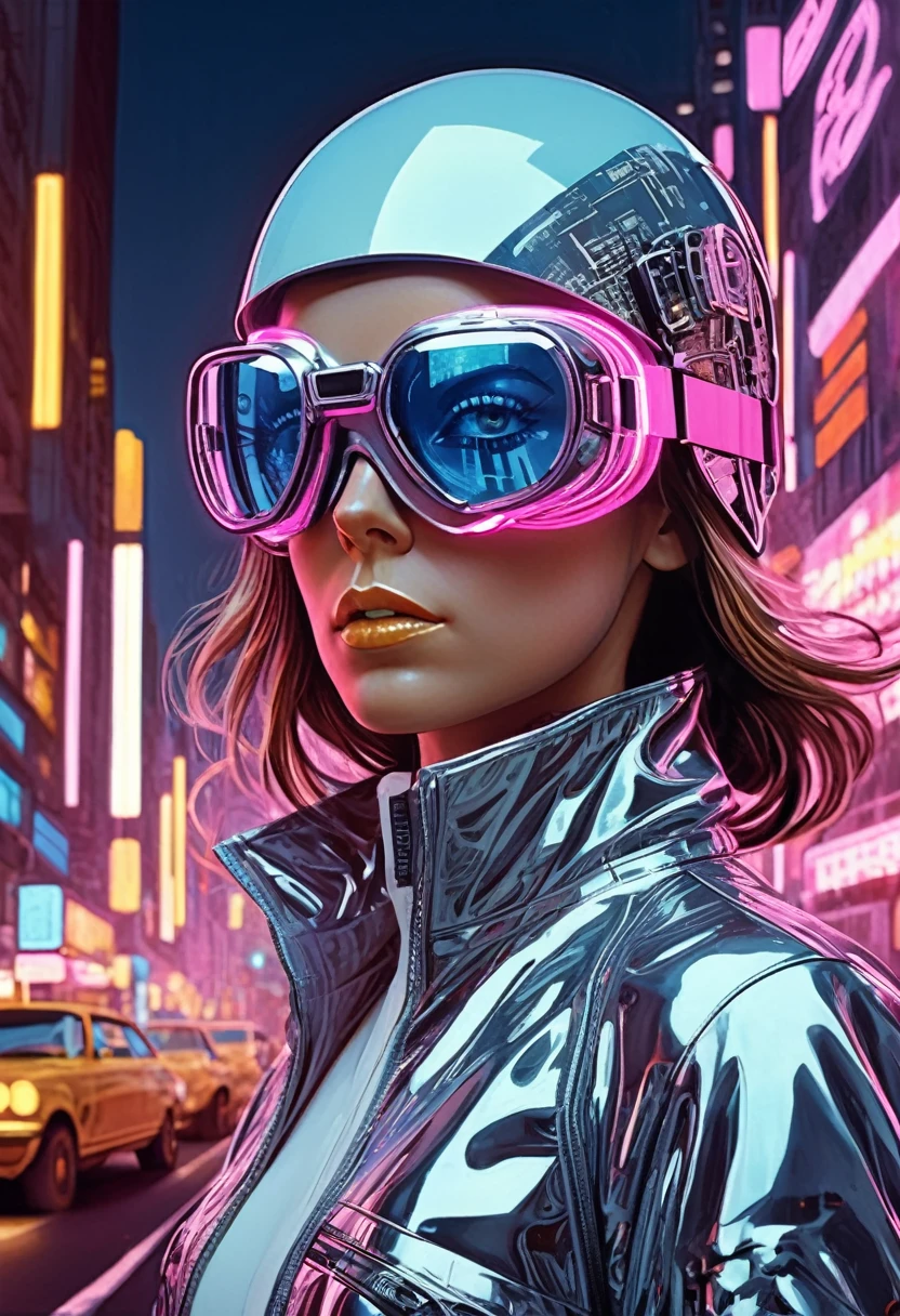 She, futuristic materials, urban chic,big enduro goggles, neon streetlights, reflective surfaces, avant-garde design, cyberpunk vibes, GQ Style Magazine, neon-lit cityscape.,highly intricate,1968, 60s,hyper detailed, photorealistic,,