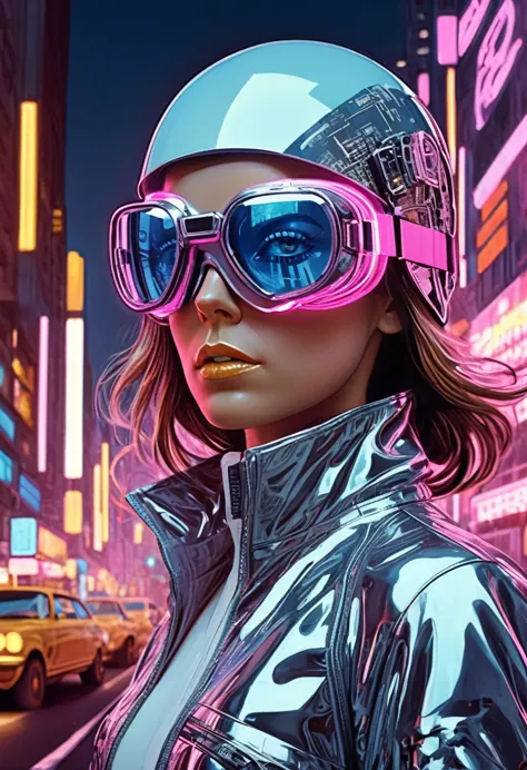 She, futuristic materials, urban chic,big enduro goggles, neon streetlights, reflective surfaces, avant-garde design, cyberpunk ...