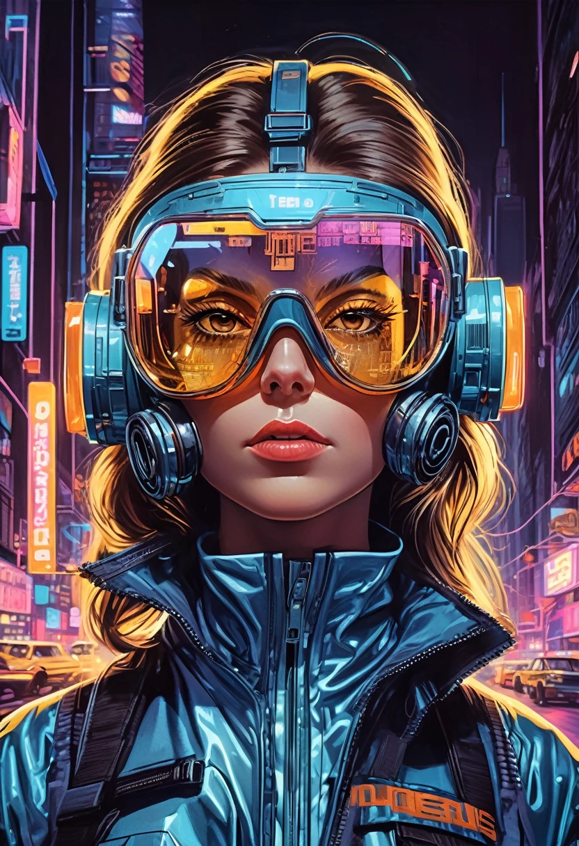 She, futuristic materials, urban chic,big enduro goggles, neon streetlights, reflective surfaces, avant-garde design, cyberpunk vibes, GQ Style Magazine, neon-lit cityscape.,highly intricate,1968, 60s,hyper detailed, photorealistic,,