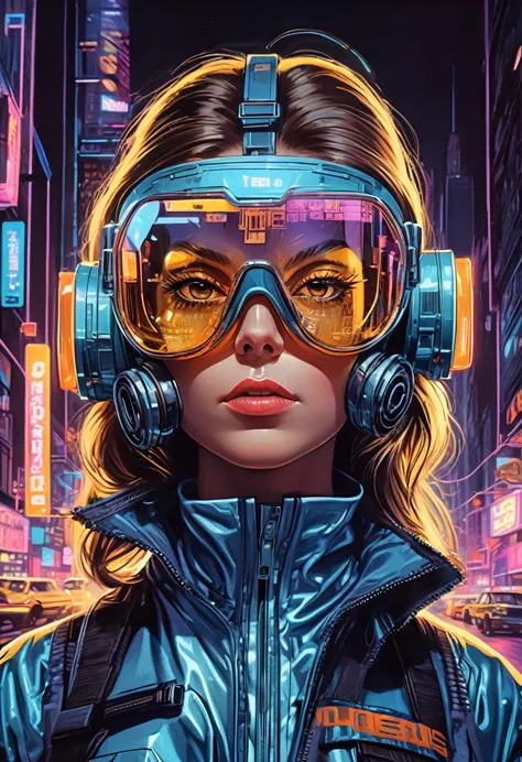 She, futuristic materials, urban chic,big enduro goggles, neon streetlights, reflective surfaces, avant-garde design, cyberpunk ...