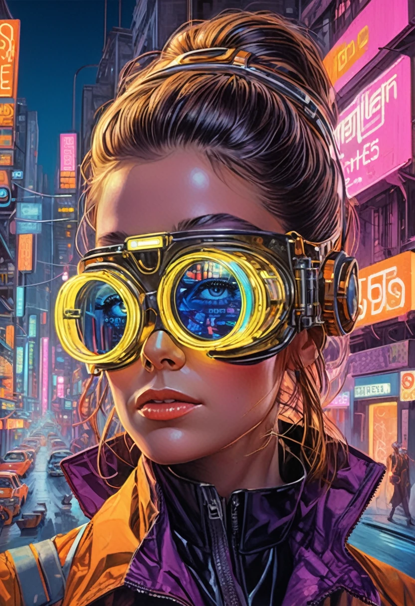 She, futuristic materials, urban chic,big enduro goggles, neon streetlights, reflective surfaces, avant-garde design, cyberpunk vibes, GQ Style Magazine, neon-lit cityscape.,highly intricate,1968, 60s,hyper detailed, photorealistic,,