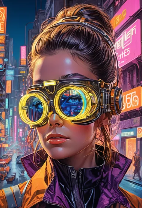 She, futuristic materials, urban chic,big enduro goggles, neon streetlights, reflective surfaces, avant-garde design, cyberpunk ...