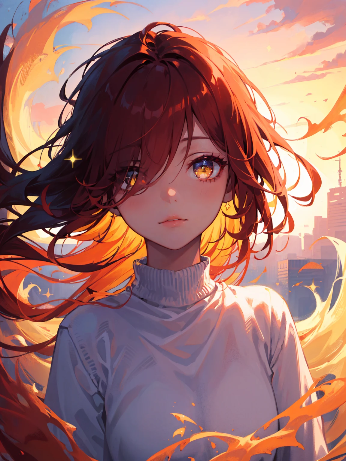 (best quality, masterpiece) high resolution illustration of a young girl covered in sticky natural honey, yellow, syrup, oversized sweater, comfy, cozy, close-up shot, detailed texture, delicious aroma, flavorful sensation, warm and appetizing, detailed iris, sparkle eyes, star in eyes, enchanting yellow eyes, (multicolored eyes), (dark red hair:1.3), (floating hair:1.3), (hair between eyes), (hair over one eye:1.1), (wavy hair:1.1)