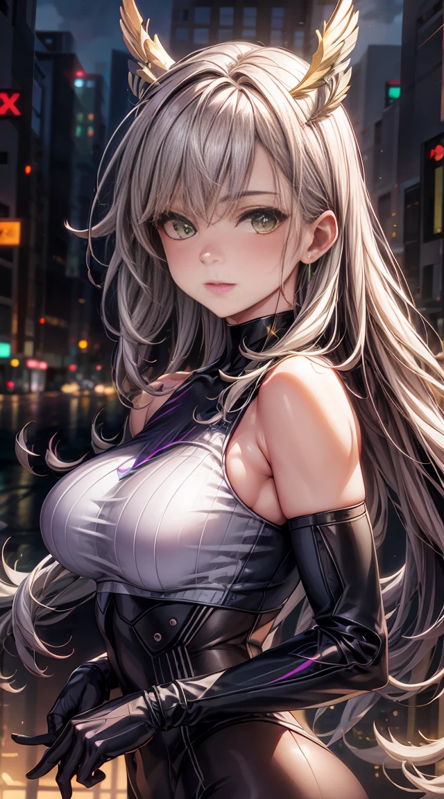 Highest quality、first work、Ultra-high resolution、(Realistic:1.4)、1 girl、Bright green long hair、Straight hair, shiny clean hair、(Green Eyes), White and glowing skin、Sexy Cyberpunk Girl、((Ultra-Realistic Details))、Shadow、Octane Rendering、Super sharp、Ultra detailed face、Fiberglass、Lightチューブ、Very intricate details、Realistic Light、CG Trends、(Green Eyes)、(To the camera)、Neon Details、Purple bat wings on his back, It has small bat wings on its head, Mechanical cervical immobilization to the neck、Wires and cables connected to the head、((Valkyrie))、((Beam Cannon))、Ready to Battle、((Seductive pose:0.8))、(Light_smile:1.0)、whole body、