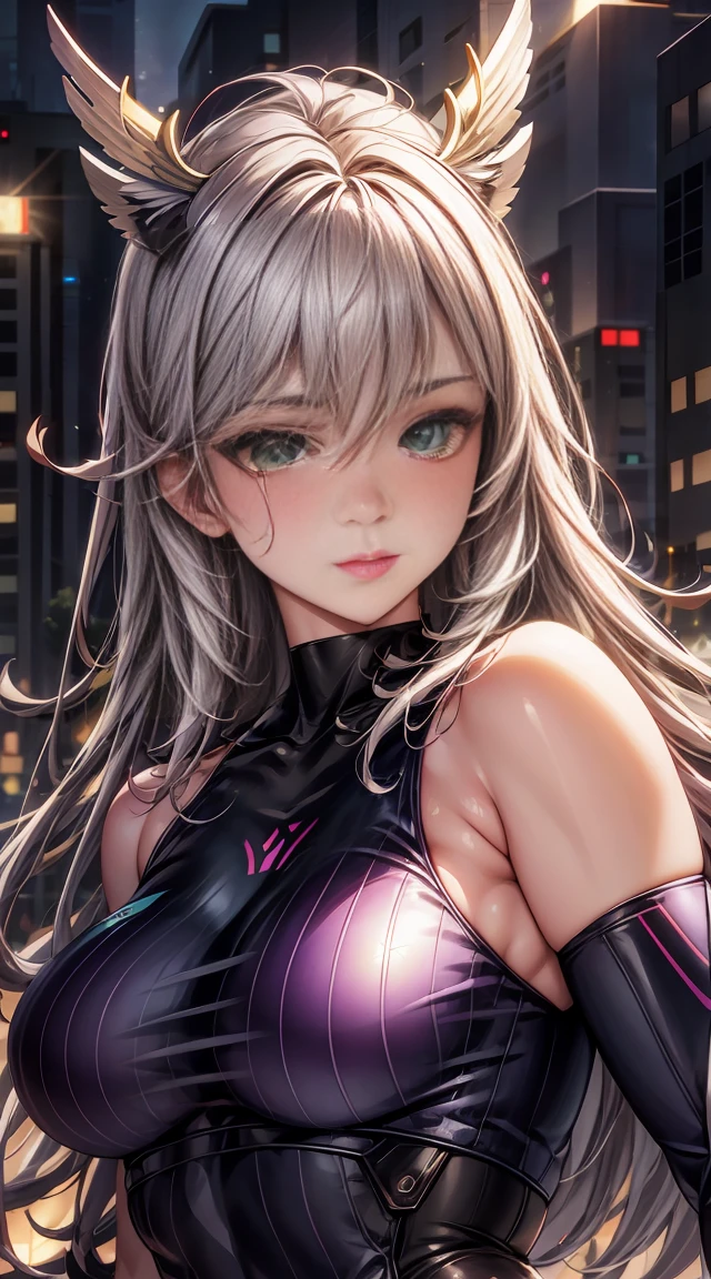 Highest quality、first work、Ultra-high resolution、(Realistic:1.4)、1 girl、Bright green long hair、Straight hair, shiny clean hair、(Green Eyes), White and glowing skin、Sexy Cyberpunk Girl、((Ultra-Realistic Details))、Shadow、Octane Rendering、Super sharp、Ultra detailed face、Fiberglass、Lightチューブ、Very intricate details、Realistic Light、CG Trends、(Green Eyes)、(To the camera)、Neon Details、Purple bat wings on his back, It has small bat wings on its head, Mechanical cervical immobilization to the neck、Wires and cables connected to the head、((Valkyrie))、((Beam Cannon))、Ready to Battle、((Seductive pose:0.8))、(Light_smile:1.0)、whole body、