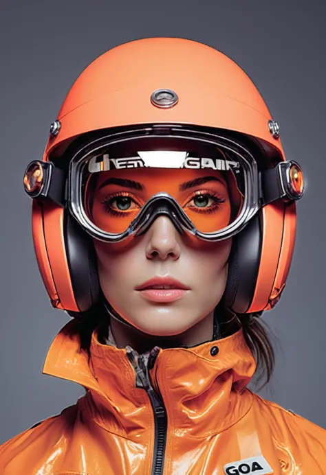 She, futuristic materials, urban chic,big enduro goggles,motocross enduro design helmet with  neon colours, reflective surfaces,...