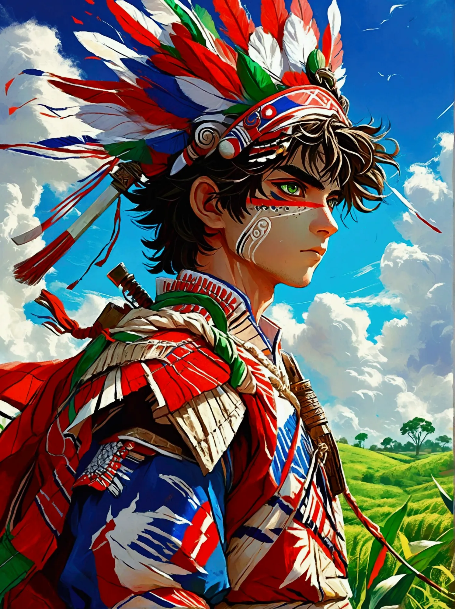 an anime-style warrior from paraguay. he is wearing a traditional paraguayan outfit, with a blend of vibrant colors and patterns...