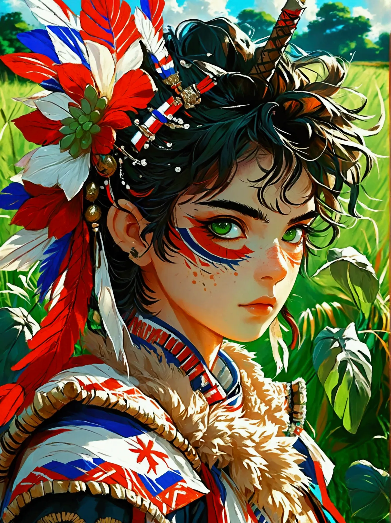 an anime-style warrior from paraguay. he is wearing a traditional paraguayan outfit, with a blend of vibrant colors and patterns...