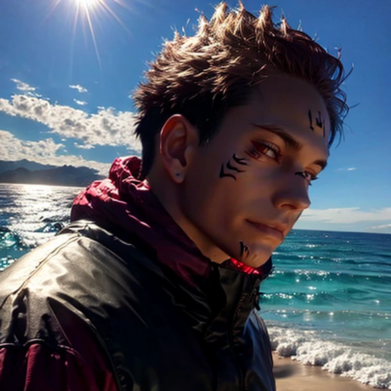 a young man with long black hair and a vest on standing in front of the ocean with a blue sky, (1 girl:0.955), (bang:0.575), (black eyes:0.572), (black hair:0.709), (blue sky:0.985), (closed mouth:0.536), (cloud:0.927), (day:0.980), (horizon:0.816), (japanese clothing:0.511), (lips:0.764), (long hair:0.775), (I look at the viewer:0.811), (nose:0.534), (ocean:0.950), (on open air:0.734), (realistic:0.814), (sky:0.988), (One:0.937), (upper body:0.557), (water:0.600)