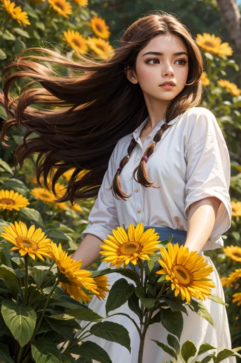 masterpiece, absurdres, highres, ultra detailed, 1girl, long hair, brown hair, brown eyes, wild flower, afternoon sun, wind bree...