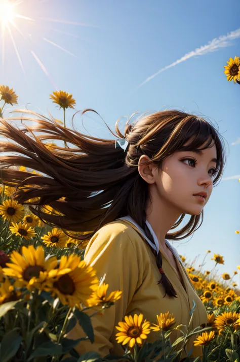 masterpiece, absurdres, highres, ultra detailed, 1girl, long hair, brown hair, brown eyes, wild flower, afternoon sun, wind bree...