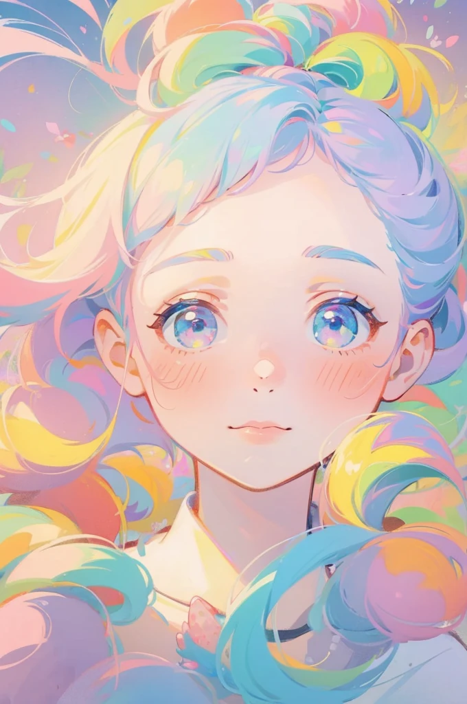 (pastel:1.2)、、High Ponytail_Merging with the Rainbow、barefoot、free、Bright colors、The background is strawberry-themed fractal art.、masterpiece、Highest quality、Super Beautiful Portrait、transparent outline、Gradually becomes whiter towards the outside of the face
