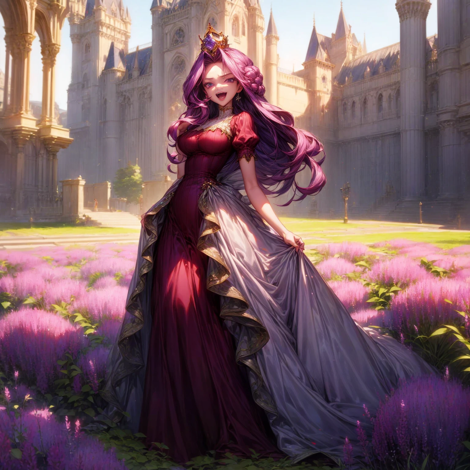 Solo character, full body version, detailed background, detailed clothing, detailed hair, detailed face detailed gesture, girl, purple eyes, lavender color hair, long haircut, long dress Victorian, red color dress, shoes, diamond earrings, outdoor, Castle park, sunlight, happy, open mouth, standing gesture, big Breast, diamond crown