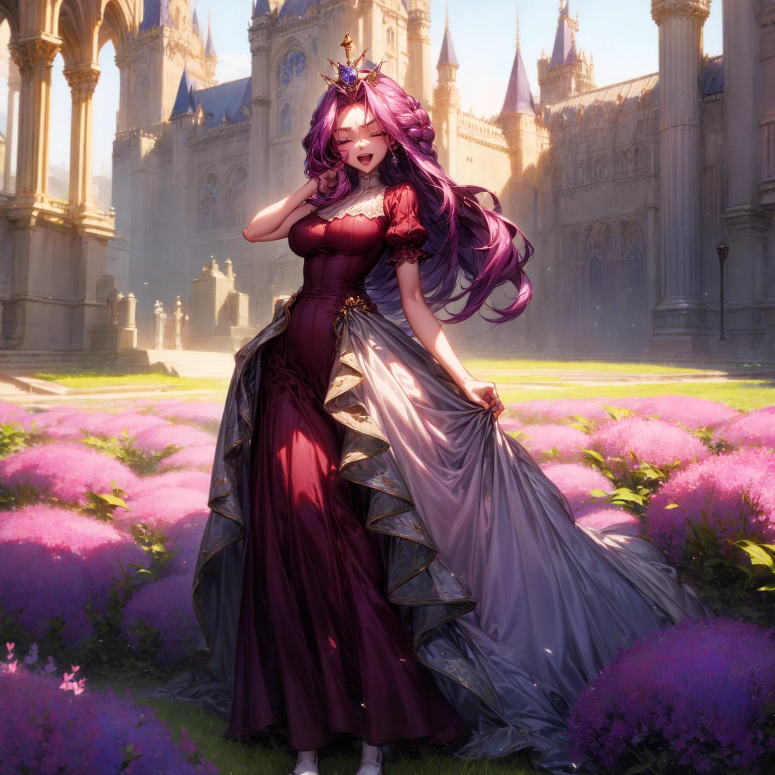 Solo character, full body version, detailed background, detailed clothing, detailed hair, detailed face detailed gesture, girl, purple eyes, lavender color hair, long haircut, long dress Victorian, red color dress, shoes, diamond earrings, outdoor, Castle park, sunlight, close eyes, happy, open mouth, standing gesture, big Breast, diamond crown