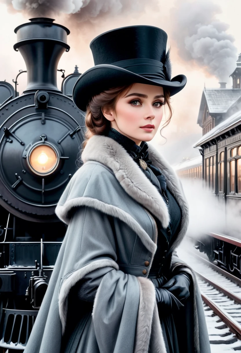 Pastel, black pencil hatching, charcoal drawing, toned paper, pencil drawing,
A historical scene set in a foggy train station. Foreground close-up, on camera, Anna Karenina, dressed in elegant 19th century winter attire, including a fur cape, hat, throws herself (((moving view, in front of the locomotive: 1.5))) under the locomotive. The train emits steam, creating a dramatic and nostalgic atmosphere. In the background are details of the train station with an industrial, vintage feel.