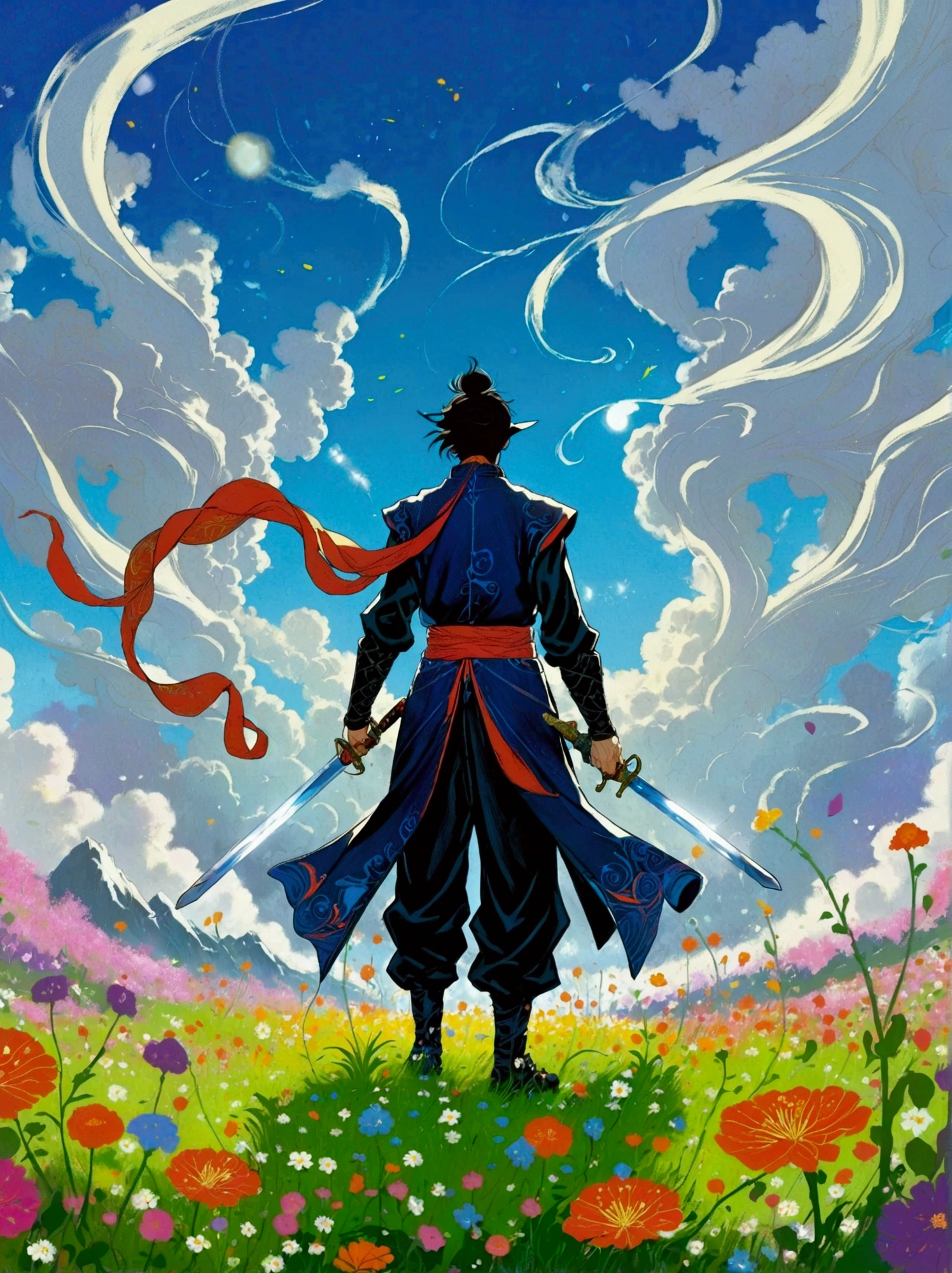 A standing figure of a male character resembling a sorcerer from a popular animated fantasy series, dressed in simplistic battle attire, located in a sword-infused meadow. The art style should mimic traditional Japanese animation, with strong outlines and vivid colors resonant of original animated series. The viewer's perspective should be from a low viewpoint to present the magnitude of the meadow and accentuate the swords around the character. The atmosphere should hint towards the fantastical, accentuating the magical components and epic demeanor of the scenario.