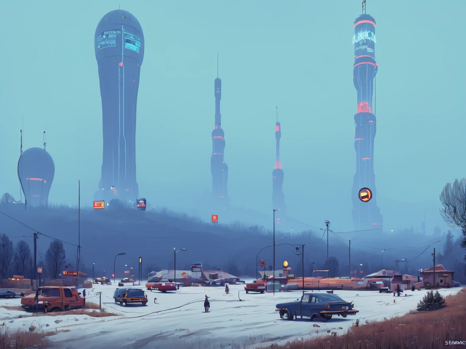 (lora:21Stalenhag:1),(masterpiece), (best quality), (ultra-detailed), (best illustration), (best shadow), (absurdres),((draw by Simon Stlenhag)), Simon Stlenhag style,SIMON STÅLENHAG,(((science fiction city))),focus on the giant tower, Americana Architecture,diner