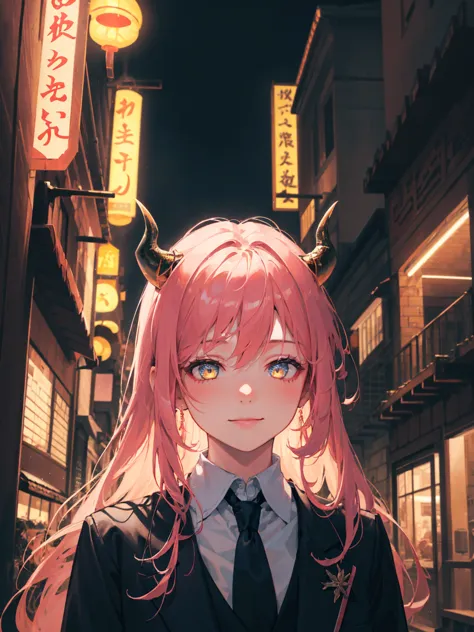 1girl, long pink hair, red horns, white collared shirt, black necktie, light smile, yellow eyes, corneo_power,, buildings,shops,...