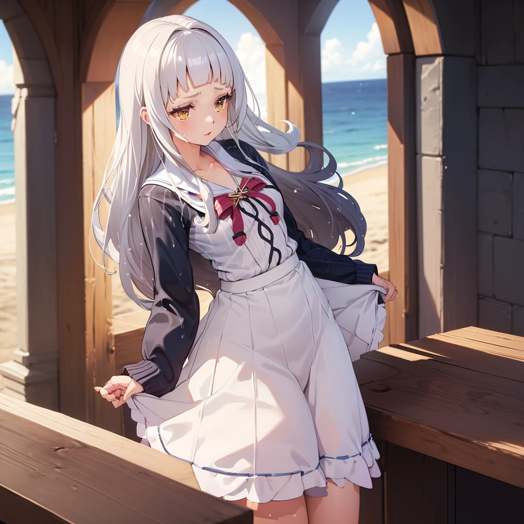 ((Clothing wetness: 1.4)), ((Underwear visible)), (Sailor suit), (Sheer skirt), Sunny blue sky, beach, (Perfect hands), (Perfect anatomy), (Perfect body structure ), ((2 arms)), ((2 legs)), ((Masterpiece, Best quality, High resolution, Ultra high resolution, Perfect pixels, Burned border depth, 4K, Super detailed)), HDR, Studio lighting, Sharp focus, Bright colors, Portrait, Warm tones, Soft lighting, standing,nipple，Nipple bulge