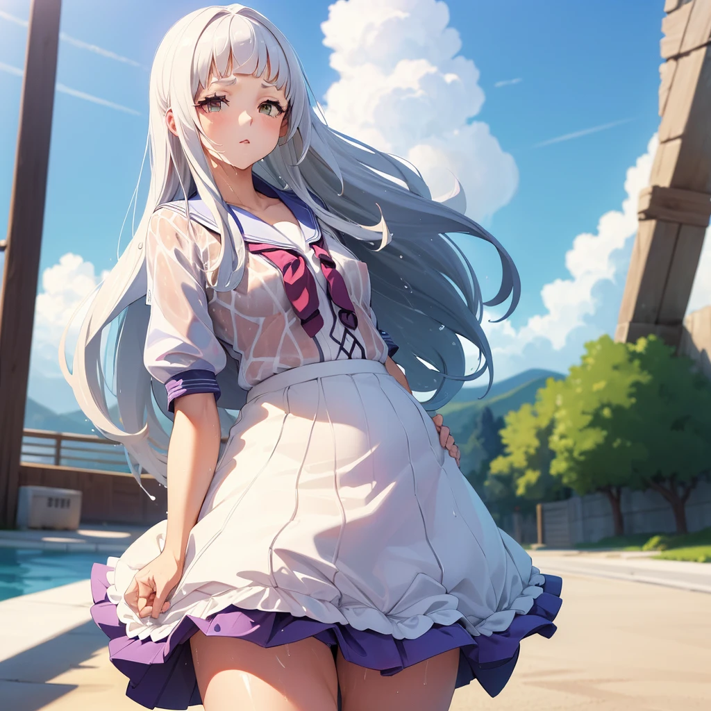 ((Clothing wetness: 1.4)), ((Underwear visible)), (Sailor suit), (Sheer skirt), Sunny blue sky, beach, (Perfect hands), (Perfect anatomy), (Perfect body structure ), ((2 arms)), ((2 legs)), ((Masterpiece, Best quality, High resolution, Ultra high resolution, Perfect pixels, Burned border depth, 4K, Super detailed)), HDR, Studio lighting, Sharp focus, Bright colors, Portrait, Warm tones, Soft lighting, standing,nipple，Nipple bulge