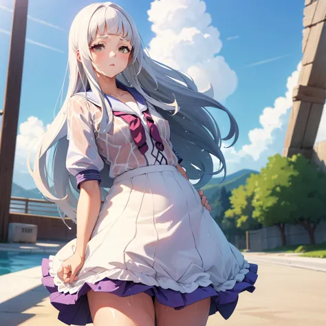 ((clothing wetness: 1.4)), ((underwear visible)), (sailor suit), (sheer skirt), sunny blue sky, beach, (perfect hands), (perfect...