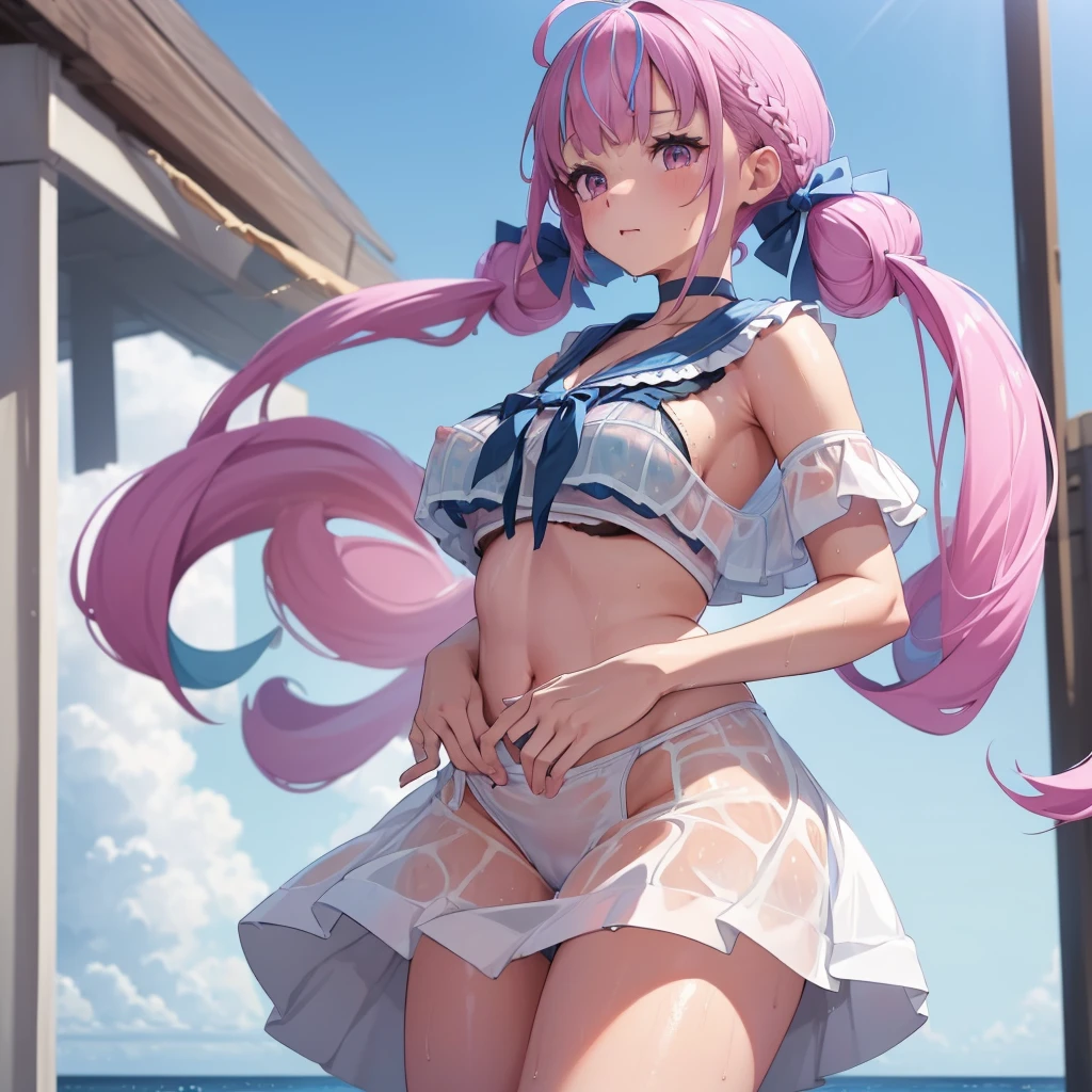 ((Clothing wetness: 1.4)), ((Underwear visible)), (Sailor suit), (Sheer skirt), Sunny blue sky, beach, (Perfect hands), (Perfect anatomy), (Perfect body structure ), ((2 arms)), ((2 legs)), ((Masterpiece, Best quality, High resolution, Ultra high resolution, Perfect pixels, Burned border depth, 4K, Super detailed)), HDR, Studio lighting, Sharp focus, Bright colors, Portrait, Warm tones, Soft lighting, standing,nipple，Nipple bulge