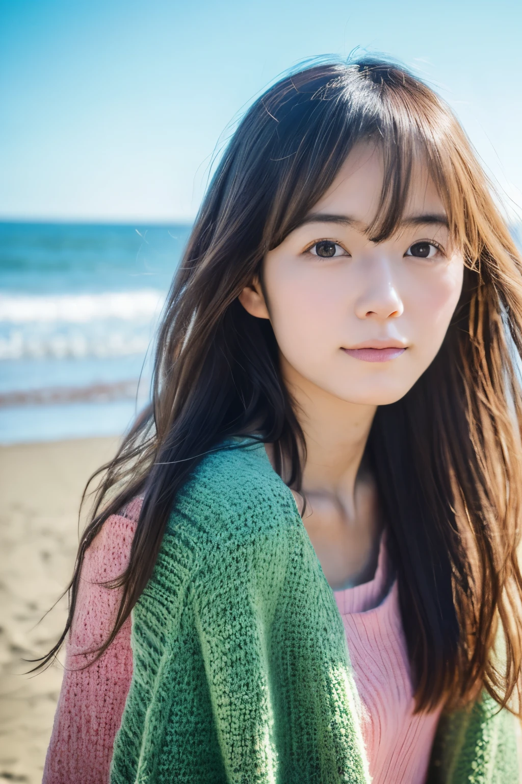 8k, highest quality, masterpiece, super high resolution, (realistic:1.4), RAW Photos, (Film Grain:1.3), One Girl, portrait of a skinny Japanese woman, 30 years old, standing on the beach, a cute face, detailed face, detailed eyes, {short|long} hair, correct body anatomy, photogravure