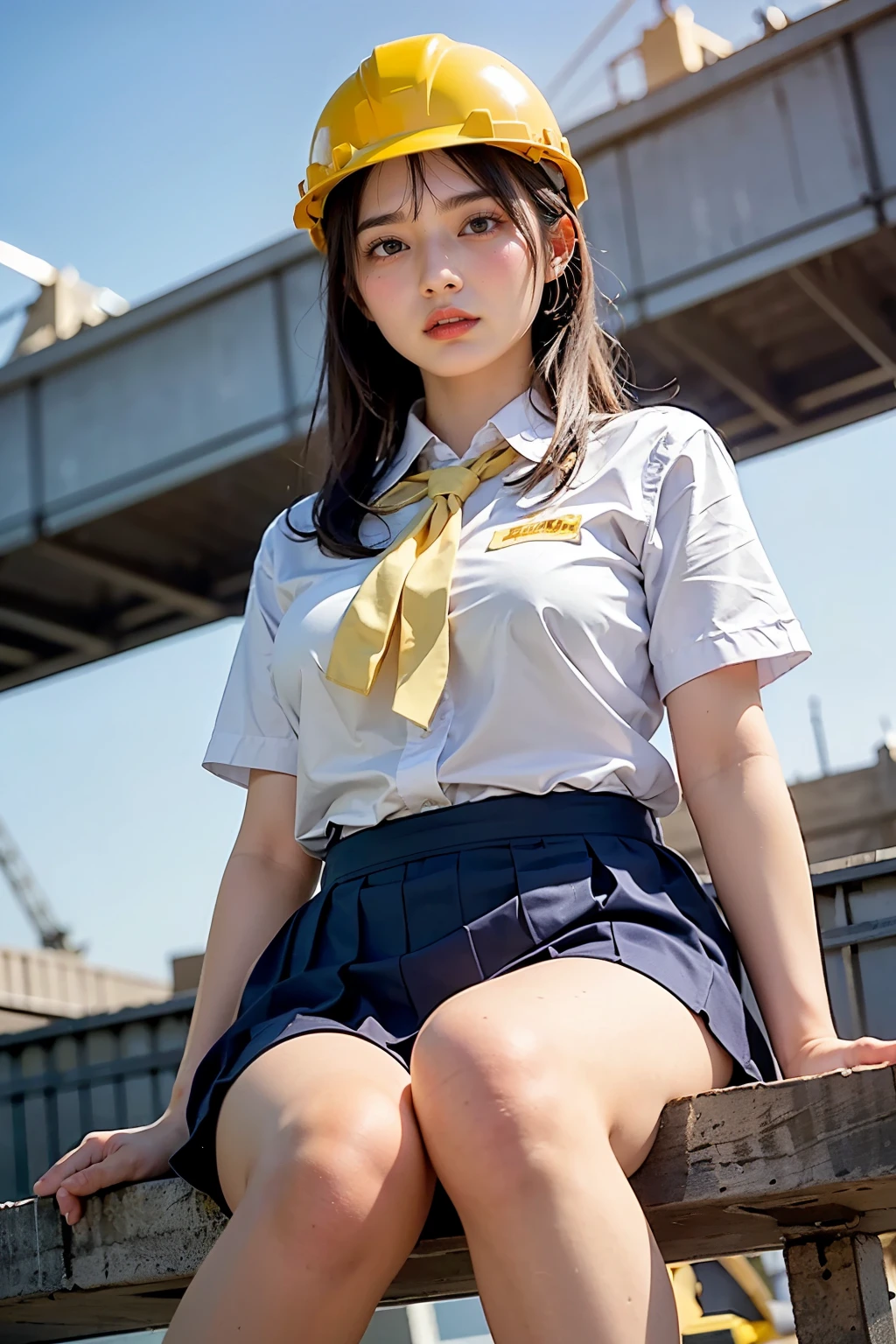 Masterpiece, bokeh, (Beautiful face), (Detailed face), (Japanese idle), (School uniform:1.3), (Pleated skirt:1.3), (Blushed face:1.3), (Plump breast:1.2), (Sitting in Steel bridge of construction site:1.5), (Yellow helmet:1.3), (From below:1.5), 