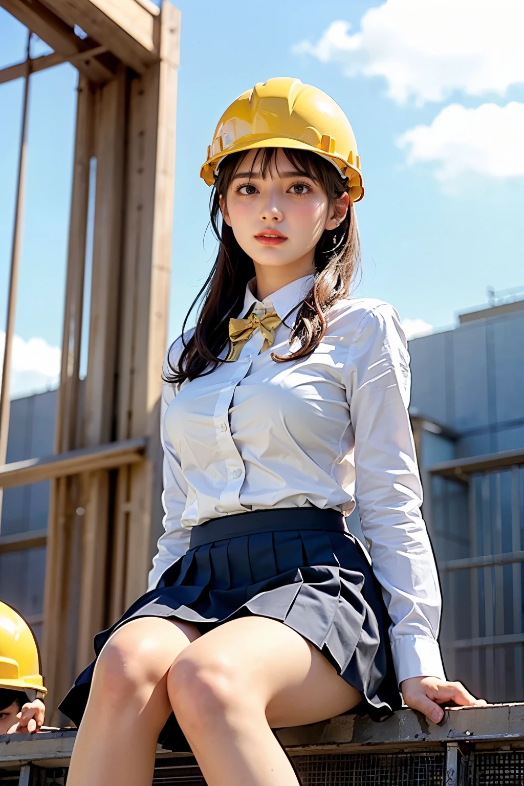 Masterpiece, bokeh, (Beautiful face), (Detailed face), (Japanese idle), (School uniform:1.3), (Pleated skirt:1.3), (Blushed face:1.3), (Plump breast:1.2), (Sitting in Steel bridge of construction site:1.5), (Yellow helmet:1.3), (From below:1.5), 